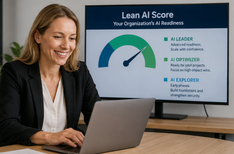 Woman working on a laptop in a modern office with AI readiness score categories displayed on a screen behind her—data analysis, artificial intelligence strategy, business performance metrics