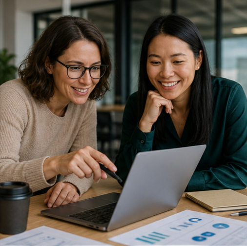 Two women collaborating at a desk, filling out an AI assessment to determine their readiness score—teamwork, data-driven evaluation, artificial intelligence strategy, business analysis