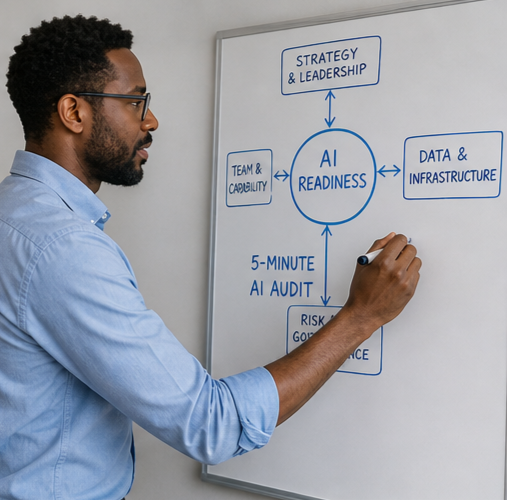 Professional writing AI strategy on a whiteboard in a modern office, outlining data, automation, and workflow improvements—business planning, artificial intelligence strategy, team productivity