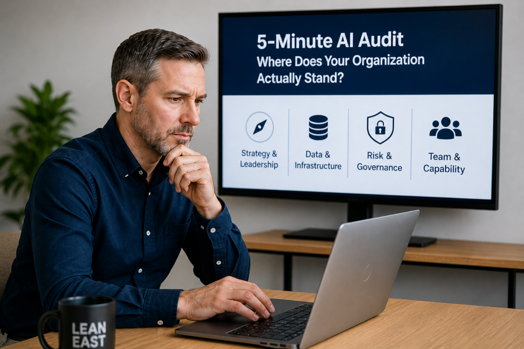 Man in a modern office studying a strategy board displaying “The 5-Minute AI Audit: Where Does Your Organization Actually Stand?”—business planning, AI strategy, workplace productivity